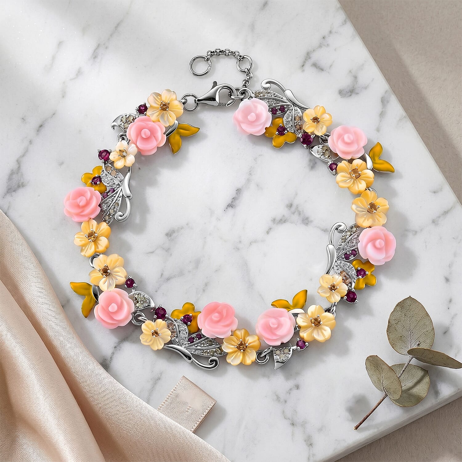 D'Joy - Pink Mother Of Pearl & Multi Gemstones Adjustable Floral Bracelet (Size - 7-1 Ext) in Rhodium Overlay Sterling Silver.