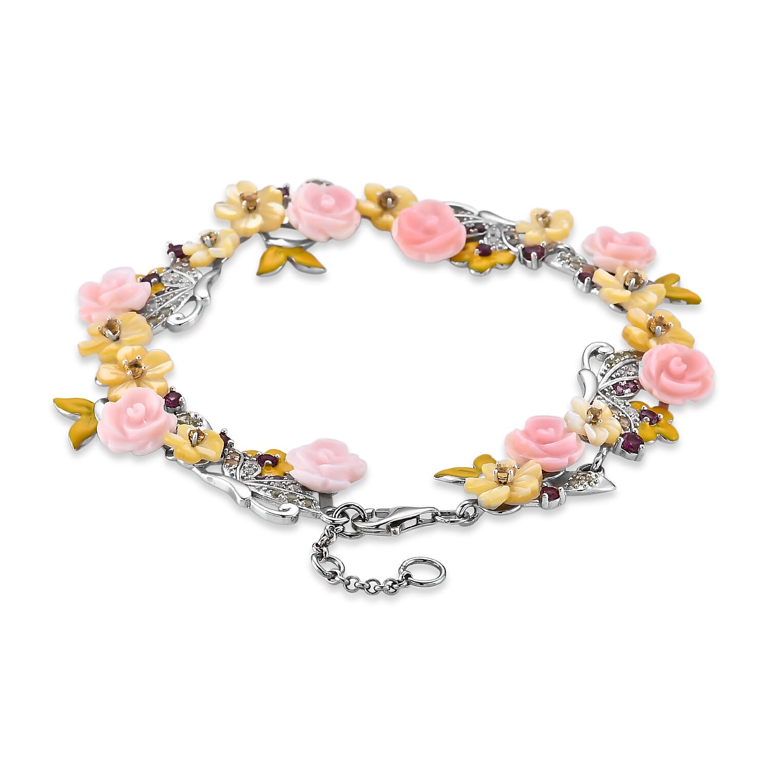 D'Joy - Pink Mother Of Pearl & Multi Gemstones Adjustable Floral Bracelet (Size - 7-1 Ext) in Rhodium Overlay Sterling Silver.