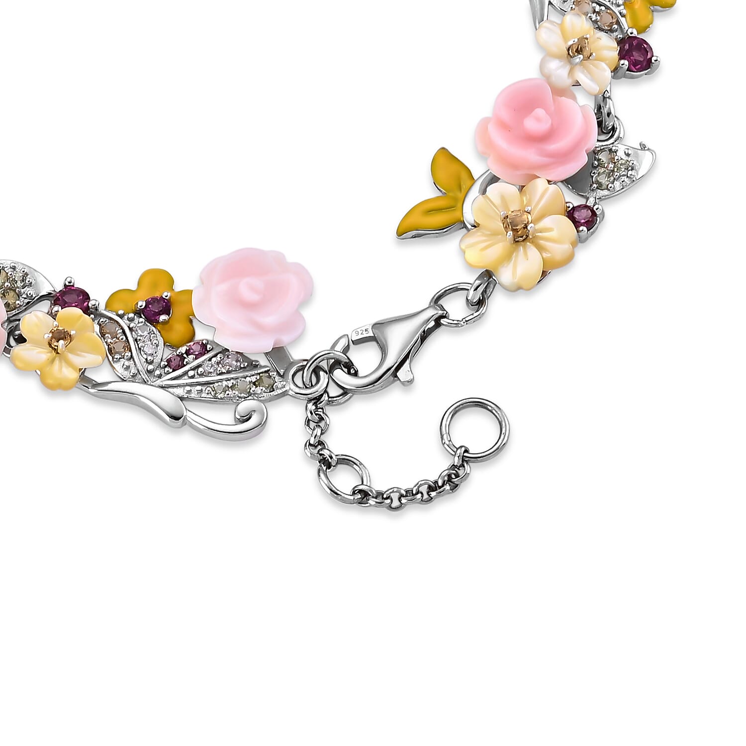 D'Joy - Pink Mother Of Pearl & Multi Gemstones Adjustable Floral Bracelet (Size - 7-1 Ext) in Rhodium Overlay Sterling Silver.