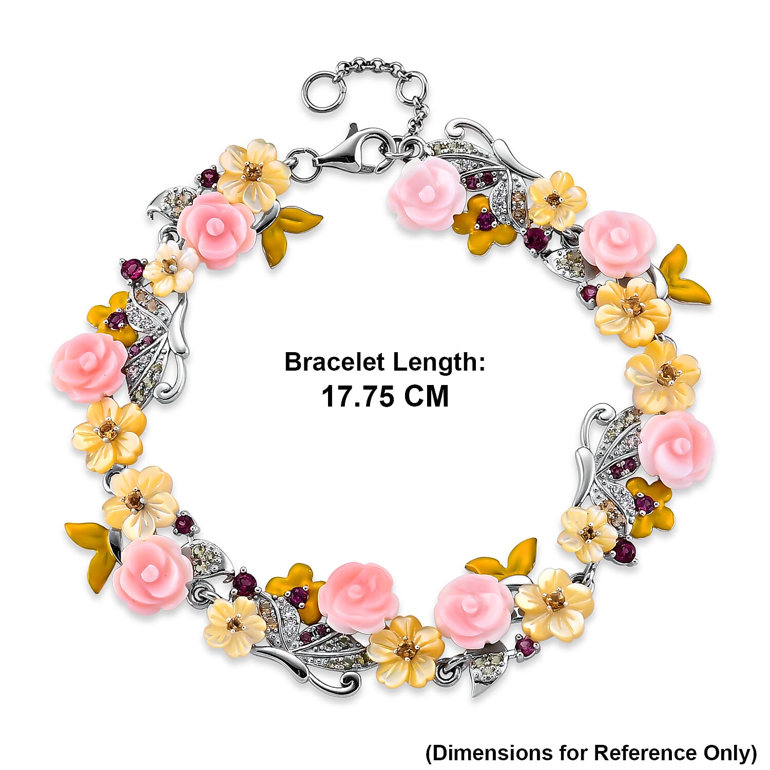 D'Joy - Pink Mother Of Pearl & Multi Gemstones Adjustable Floral Bracelet (Size - 7-1 Ext) in Rhodium Overlay Sterling Silver.