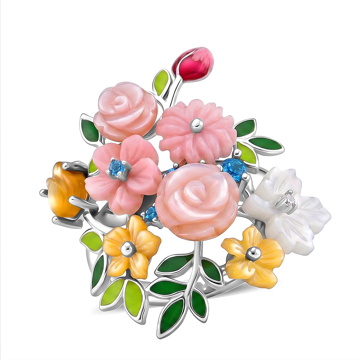D'Joy - Purple Mother of Pearl & Multi Gemstones Floral Vine Ring in Rhodium Overlay Sterling Silver 7.95 Ct.