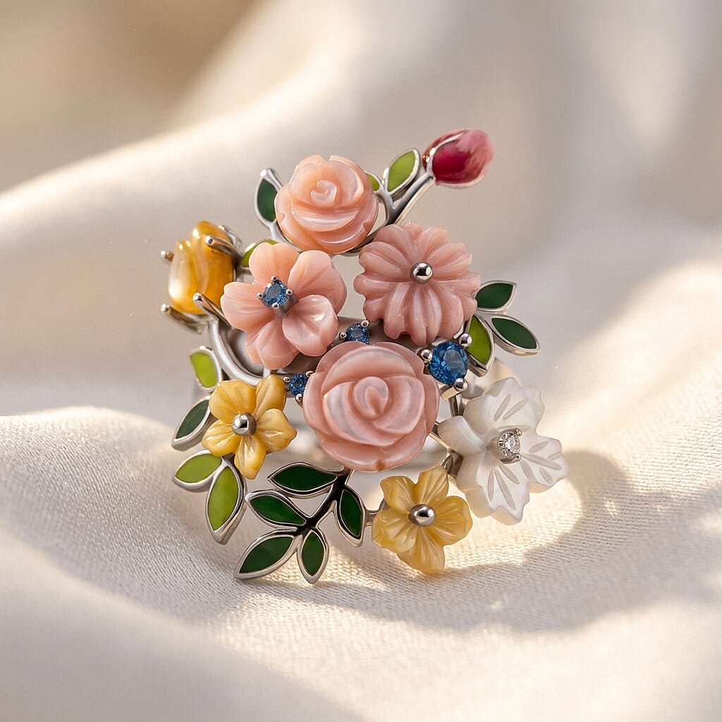 D'Joy - Purple Mother of Pearl & Multi Gemstones Floral Vine Ring in Rhodium Overlay Sterling Silver 7.95 Ct.