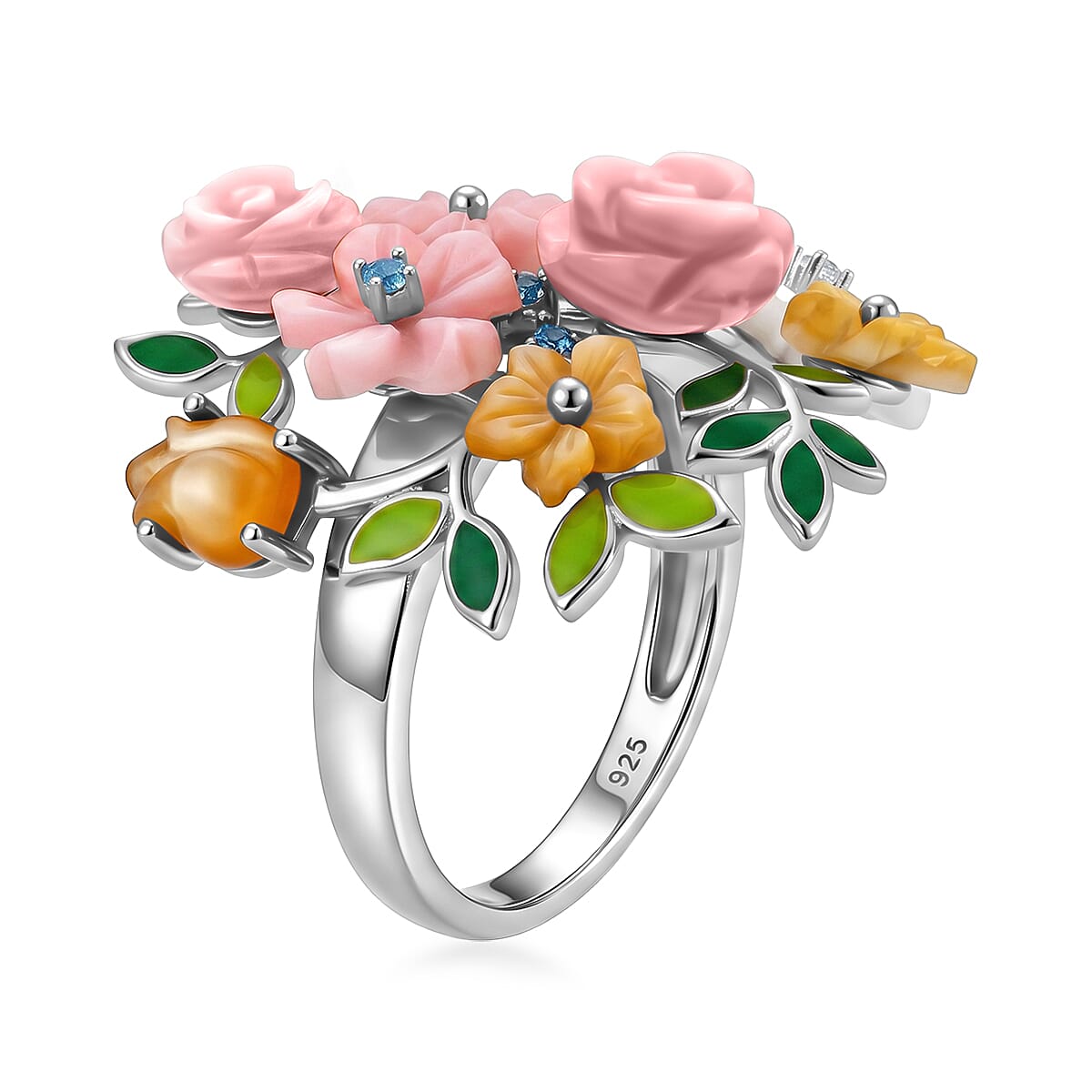 D'Joy - Purple Mother of Pearl & Multi Gemstones Floral Vine Ring in Rhodium Overlay Sterling Silver 7.95 Ct.