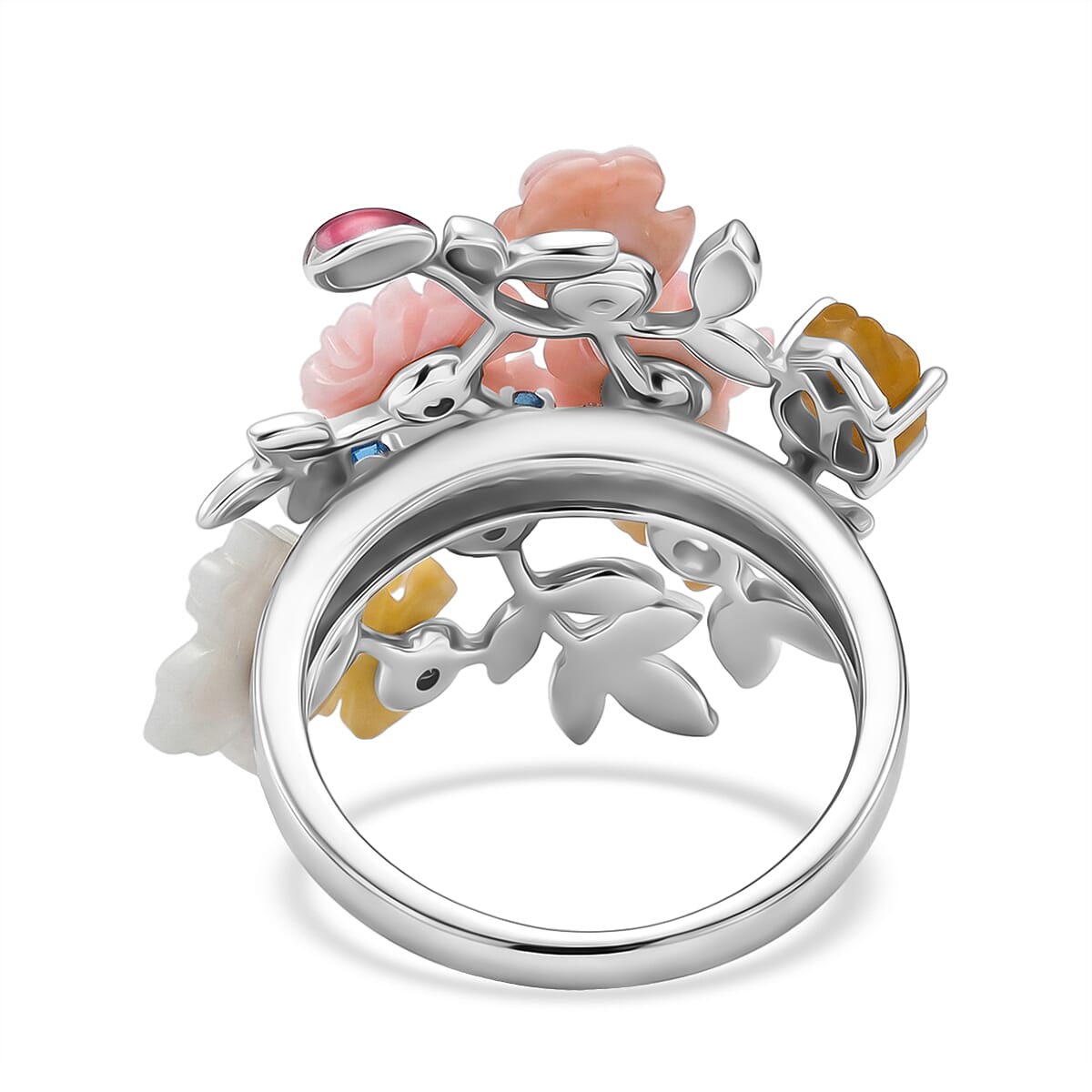 D'Joy - Purple Mother of Pearl & Multi Gemstones Floral Vine Ring in Rhodium Overlay Sterling Silver 7.95 Ct.