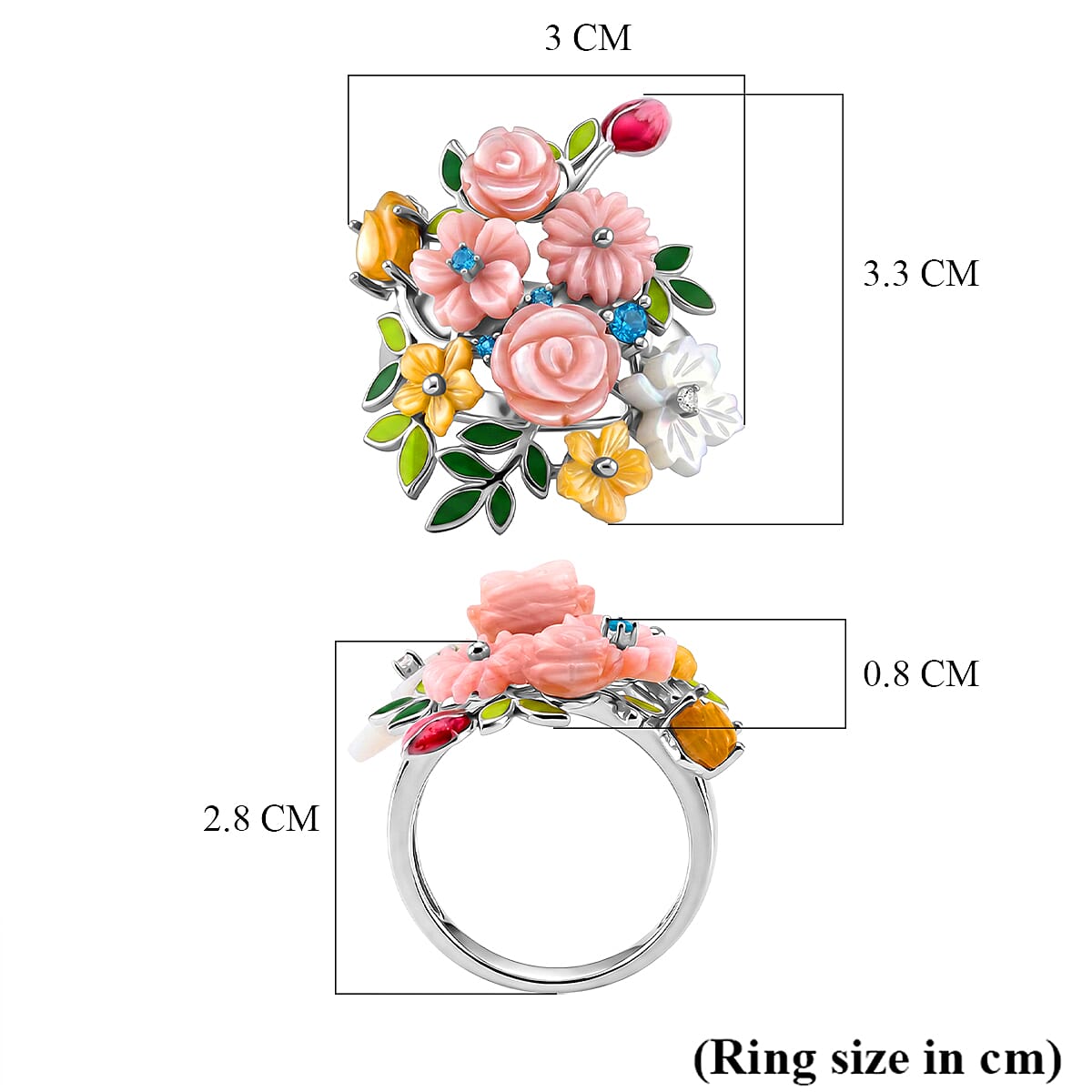 D'Joy - Purple Mother of Pearl & Multi Gemstones Floral Vine Ring in Rhodium Overlay Sterling Silver 7.95 Ct.