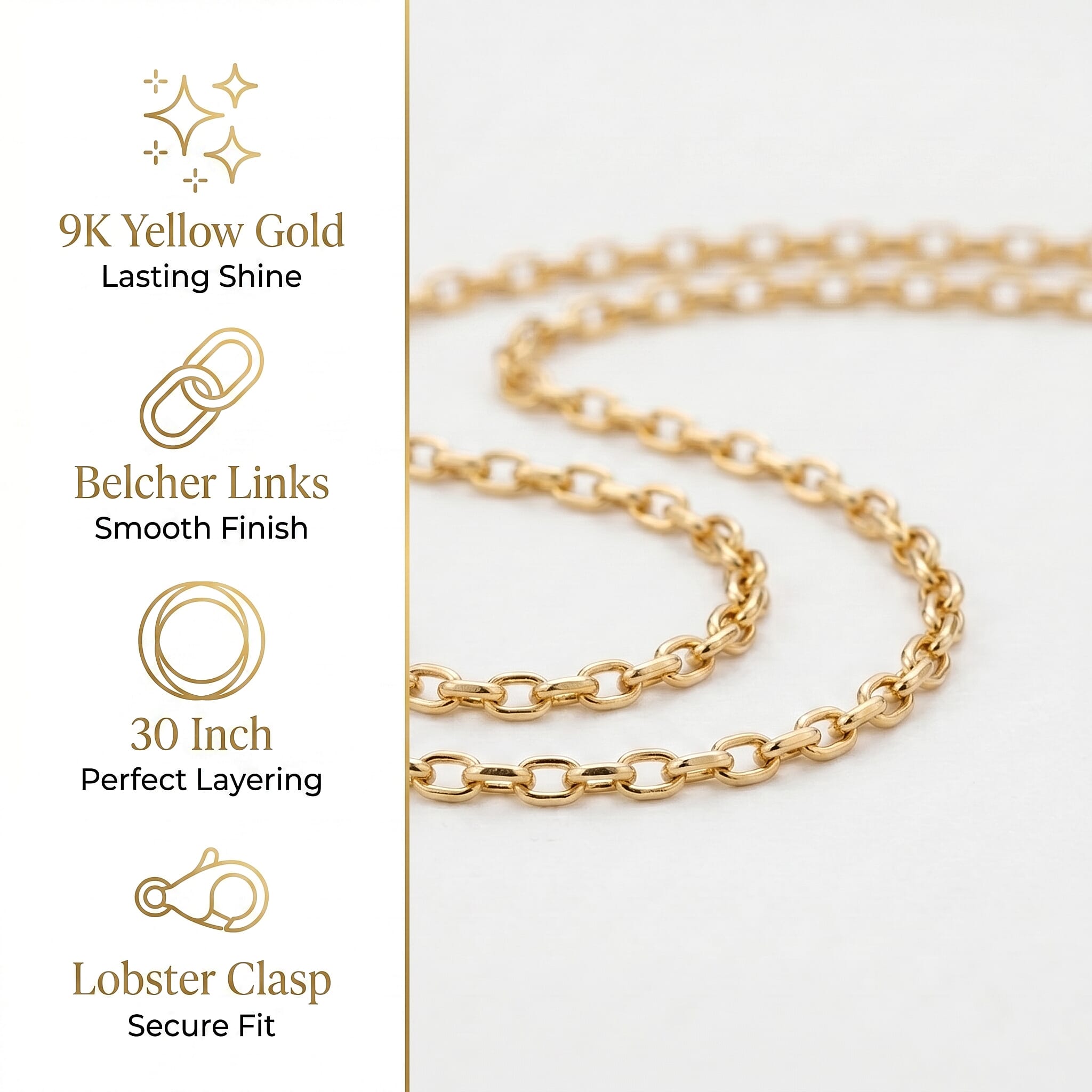 9K Yellow Gold Belcher Chain (Size - 30) with Lobster Clasp, Gold Wt. 3.40 Gms