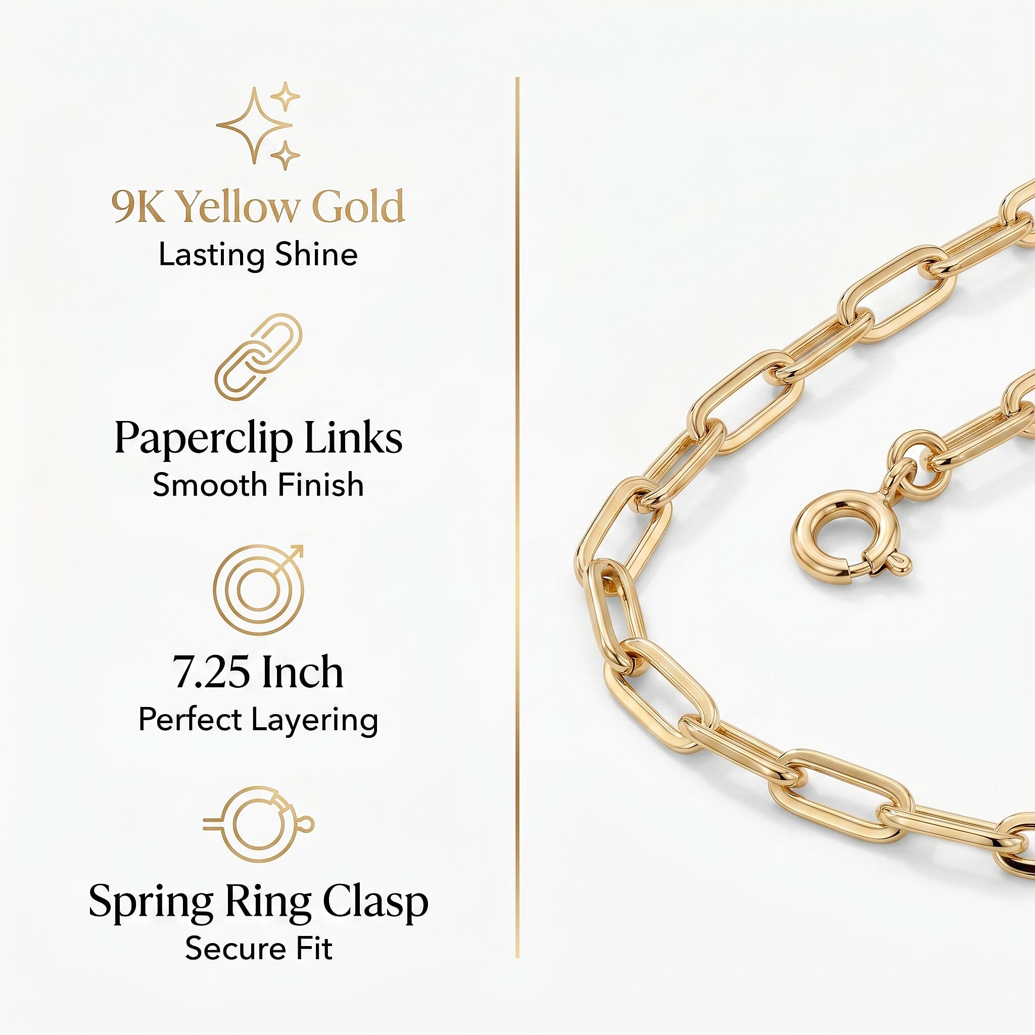 9K Yellow Gold Chain Bracelet (Size - 7.25) with Spring Ring Clasp