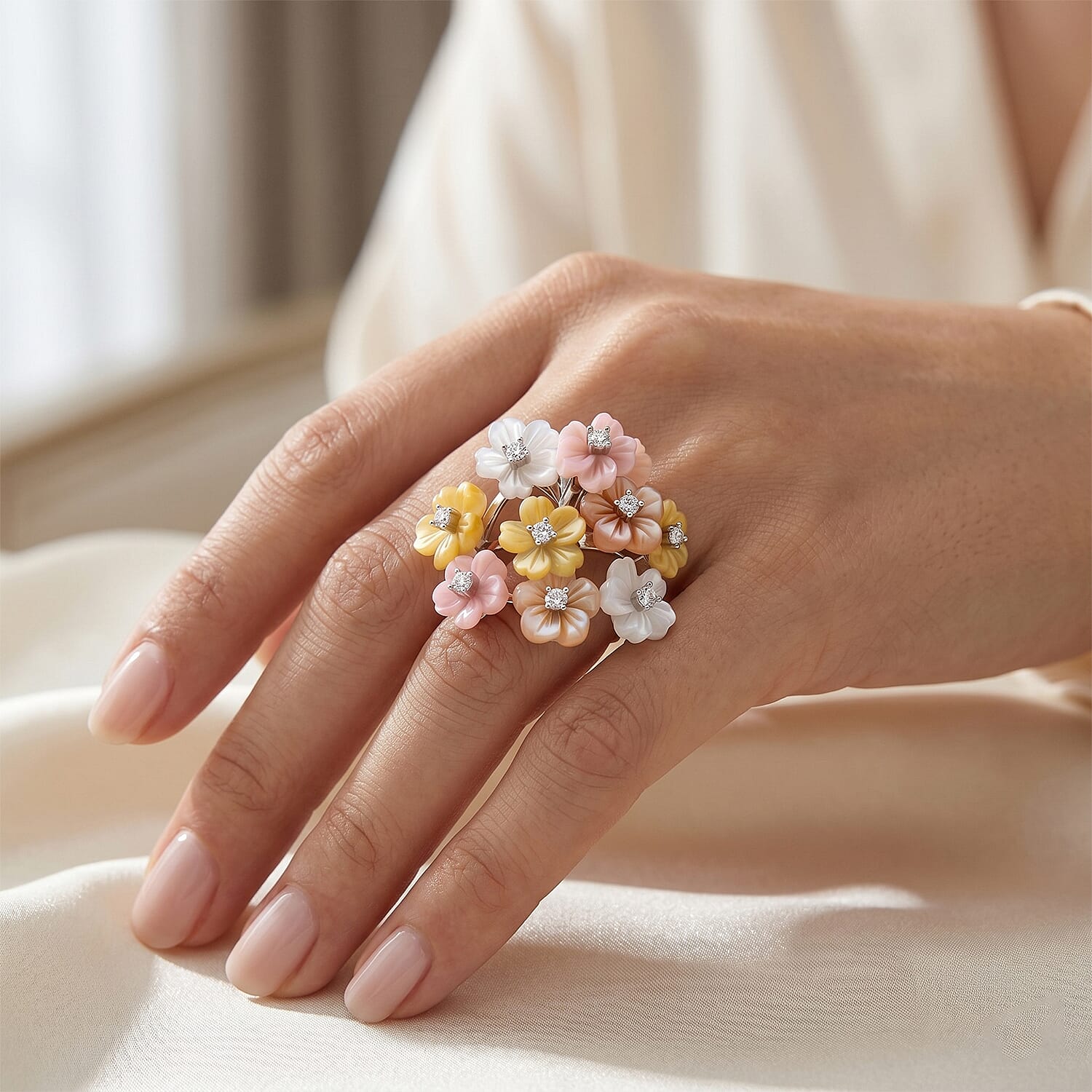 D'Joy - Purple Mother of Pearl & Multi Gemstones Floral Ring in Rhodium Overlay Sterling Silver 13.86 Ct.