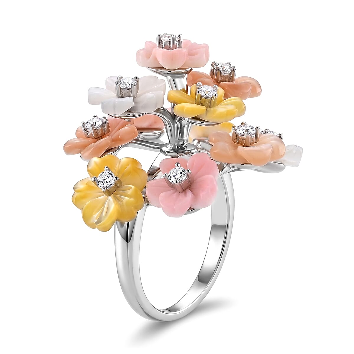 D'Joy - Purple Mother of Pearl & Multi Gemstones Floral Ring in Rhodium Overlay Sterling Silver 13.86 Ct.
