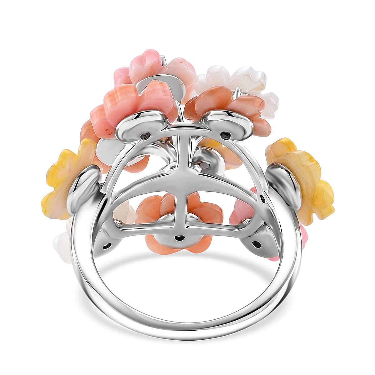 D'Joy - Purple Mother of Pearl & Multi Gemstones Floral Ring in Rhodium Overlay Sterling Silver 13.86 Ct.