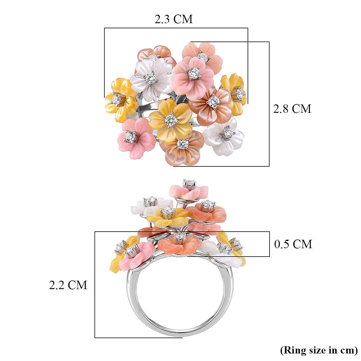 D'Joy - Purple Mother of Pearl & Multi Gemstones Floral Ring in Rhodium Overlay Sterling Silver 13.86 Ct.