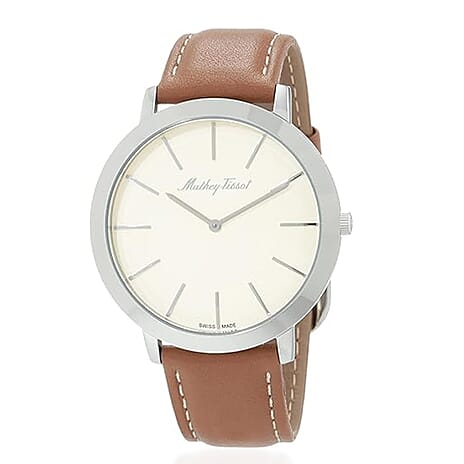 MATHEY TISSOT Darius Swiss Ronda 762 Quartz 5ATM WR White Dial - Silver Case Mens Watch with Brown Leather Strap
