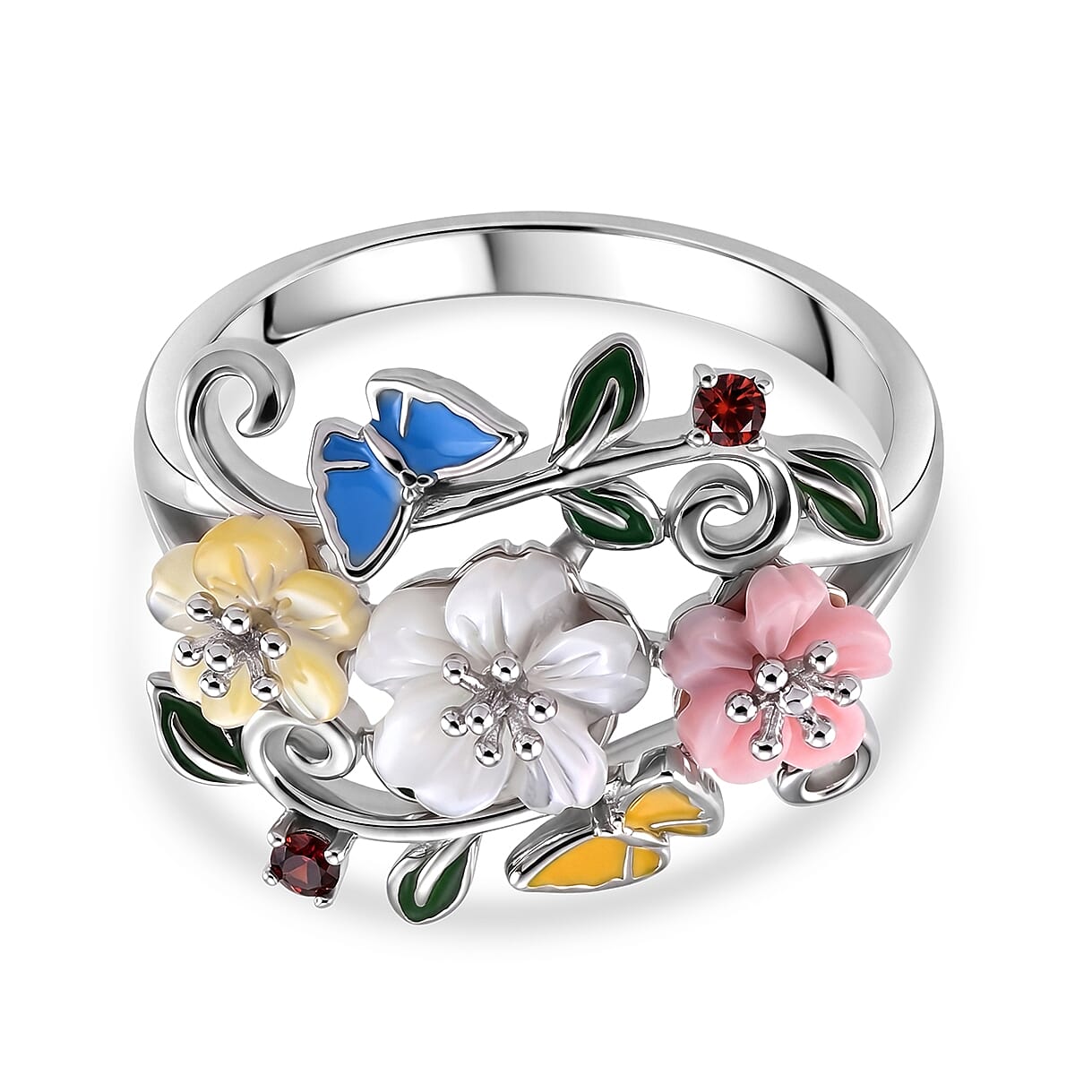 D'Joy - Multi-Gemstone Floral Vine Ring in Rhodium Overlay Sterling Silver 2.00 Ct.