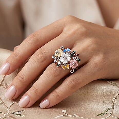 D'Joy - Multi-Gemstone Floral Vine Ring in Rhodium Overlay Sterling Silver 2.00 Ct.