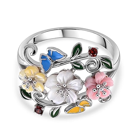 D'Joy White Mother Of Pearl, Red Garnet, Pink Mother Of Pearl, Yellow Mother Of Pearl Fancy Ring Sterling Silver, Silver Wt.5 Gms  2.040  Ct.