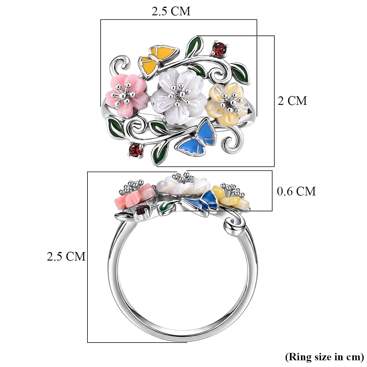 D'Joy White Mother Of Pearl, Red Garnet, Pink Mother Of Pearl, Yellow Mother Of Pearl Fancy Ring Sterling Silver, Silver Wt.5 Gms  2.040  Ct.