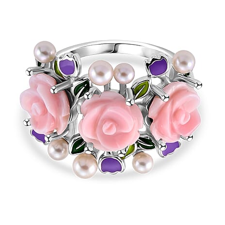 D'Joy - Pink Mother Of Pearl & Fresh Water Pearl Floral Ring in Rhodium Overlay Sterling Silver 5.10 Ct.