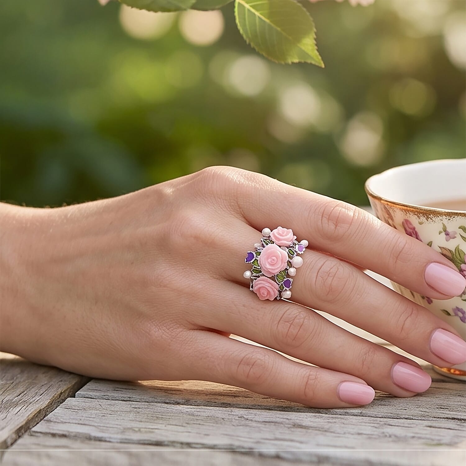 D'Joy - Pink Mother Of Pearl & Fresh Water Pearl Floral Ring in Rhodium Overlay Sterling Silver 5.10 Ct.