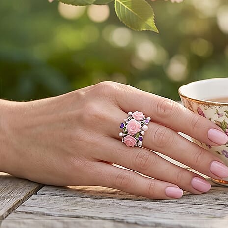 D'Joy - Pink Mother Of Pearl & Fresh Water Pearl Floral Ring in Rhodium Overlay Sterling Silver 5.10 Ct.