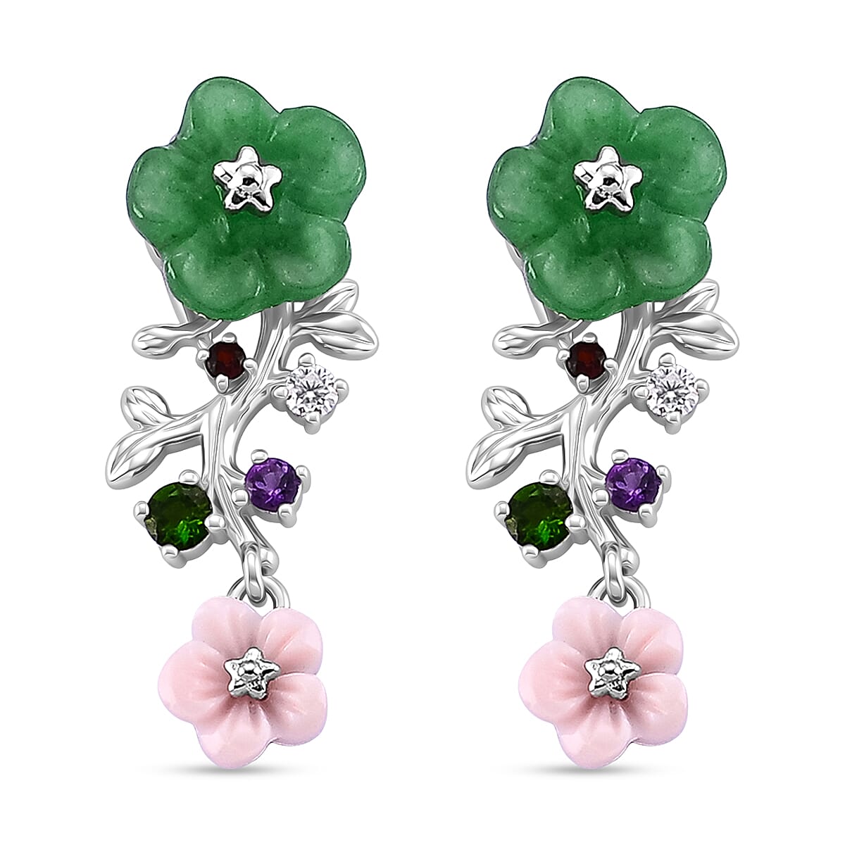 D'Joy - Green Jade & Multi Gemstones Floral Earring with Push Back in Rhodium Overlay Sterling Silver 4.50 Ct.