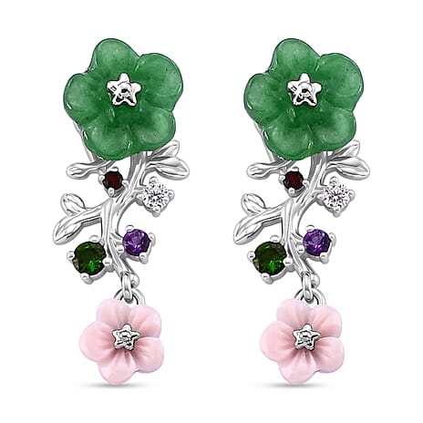 D'Joy - Green Jade & Multi Gemstones Floral Earring with Push Back in Rhodium Overlay Sterling Silver 4.50 Ct.