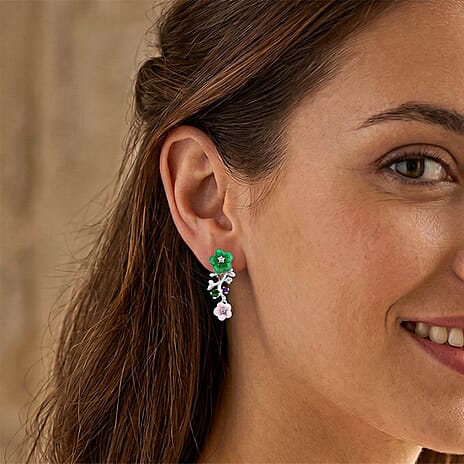 D'Joy - Green Jade & Multi Gemstones Floral Earring with Push Back in Rhodium Overlay Sterling Silver 4.50 Ct.