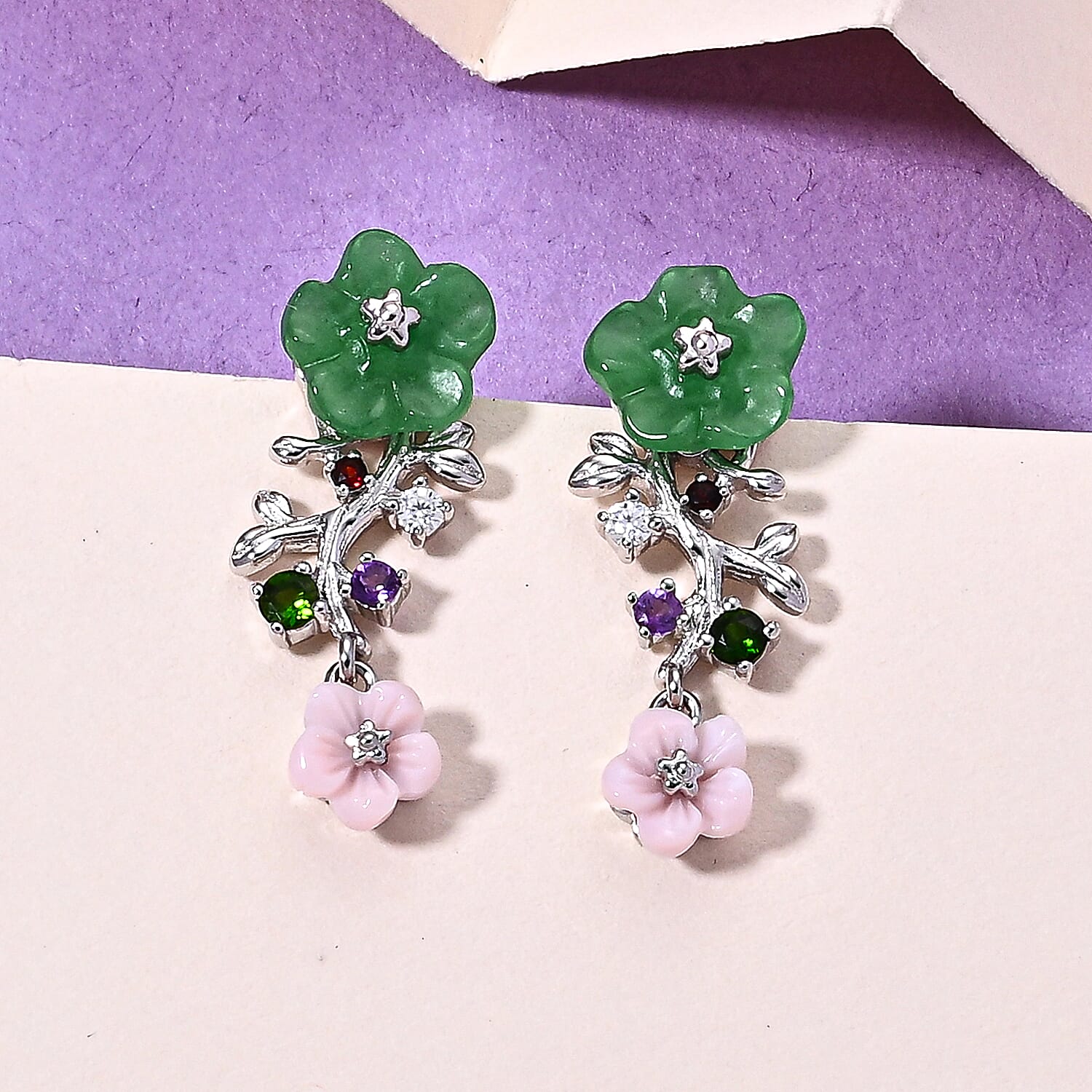 D'Joy - Green Jade & Multi Gemstones Floral Earring with Push Back in Rhodium Overlay Sterling Silver 4.50 Ct.