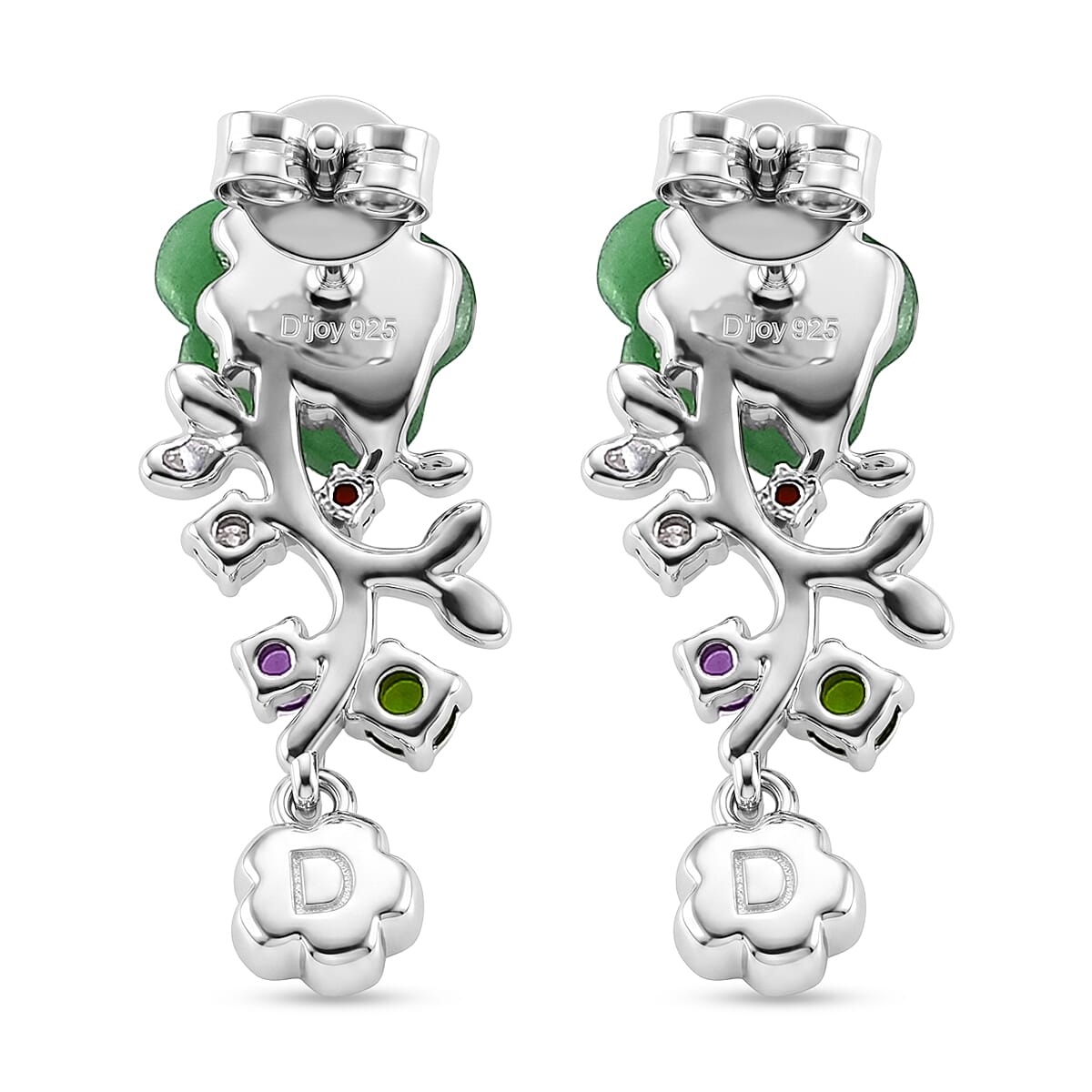 D'Joy - Green Jade & Multi Gemstones Floral Earring with Push Back in Rhodium Overlay Sterling Silver 4.50 Ct.