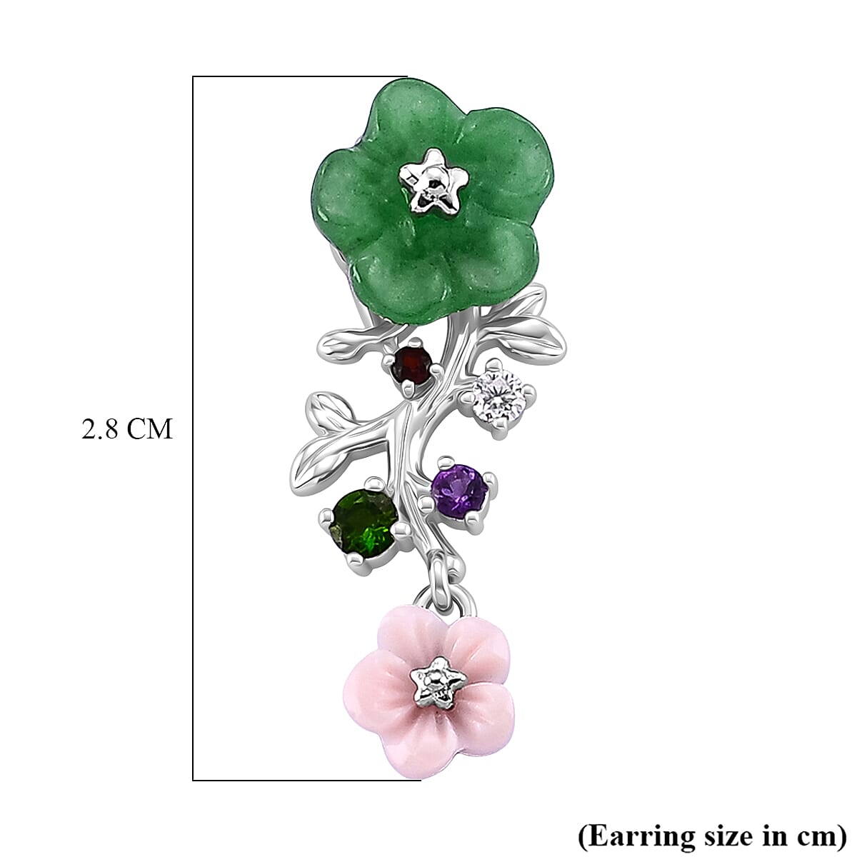 D'Joy - Green Jade & Multi Gemstones Floral Earring with Push Back in Rhodium Overlay Sterling Silver 4.50 Ct.