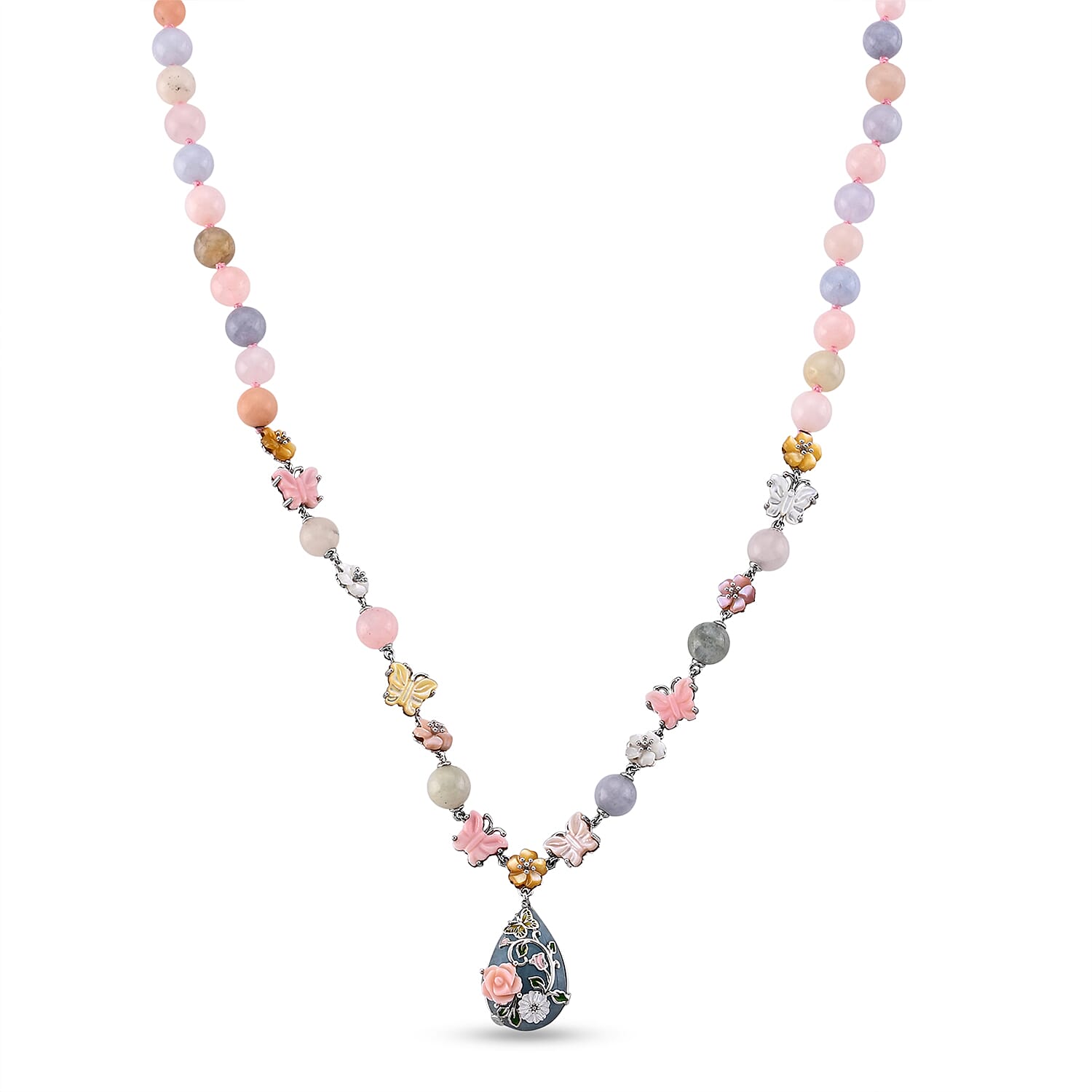 D'Joy - Purple Mother of Pearl & Multi Gemstones Adjustable Drop Necklace (Size - 18-2 Ext) in Rhodium Overlay Sterling Silver 176.40 Ct