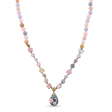 D'Joy - Purple Mother of Pearl & Multi Gemstones Adjustable Drop Necklace (Size - 18-2 Ext) in Rhodium Overlay Sterling Silver 176.40 Ct