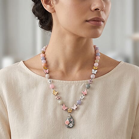 D'Joy - Purple Mother of Pearl & Multi Gemstones Adjustable Drop Necklace (Size - 18-2 Ext) in Rhodium Overlay Sterling Silver 176.40 Ct