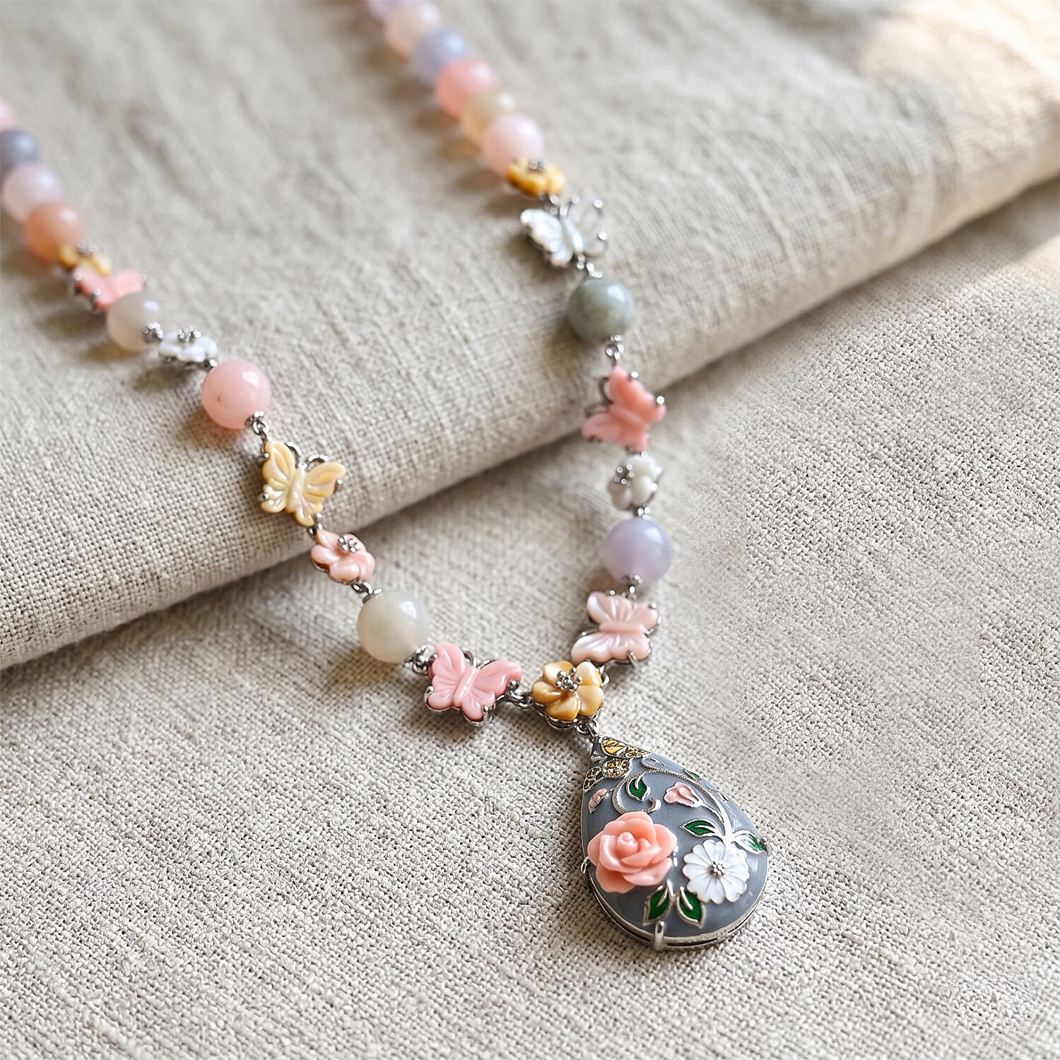 D'Joy - Purple Mother of Pearl & Multi Gemstones Adjustable Drop Necklace (Size - 18-2 Ext) in Rhodium Overlay Sterling Silver 176.40 Ct