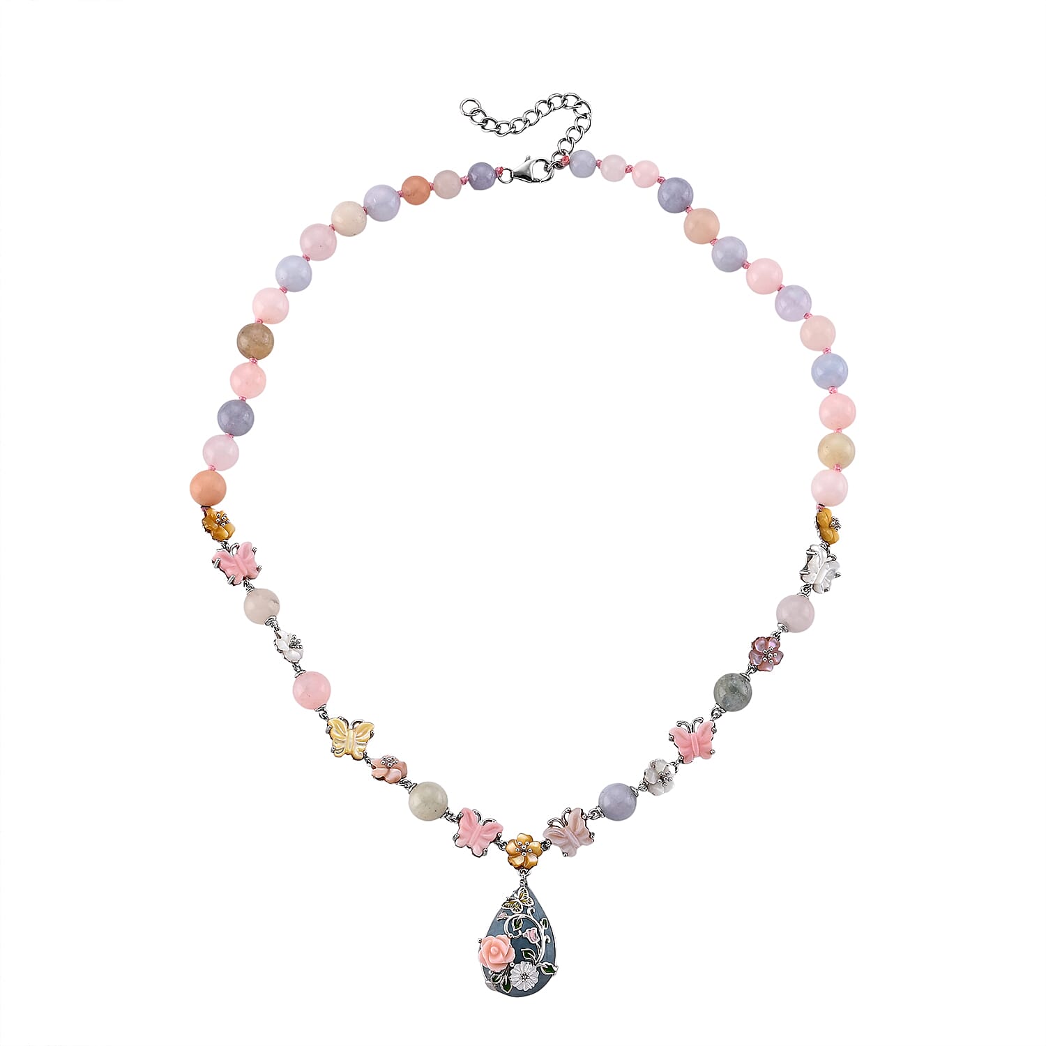 D'Joy - Purple Mother of Pearl & Multi Gemstones Adjustable Drop Necklace (Size - 18-2 Ext) in Rhodium Overlay Sterling Silver 176.40 Ct