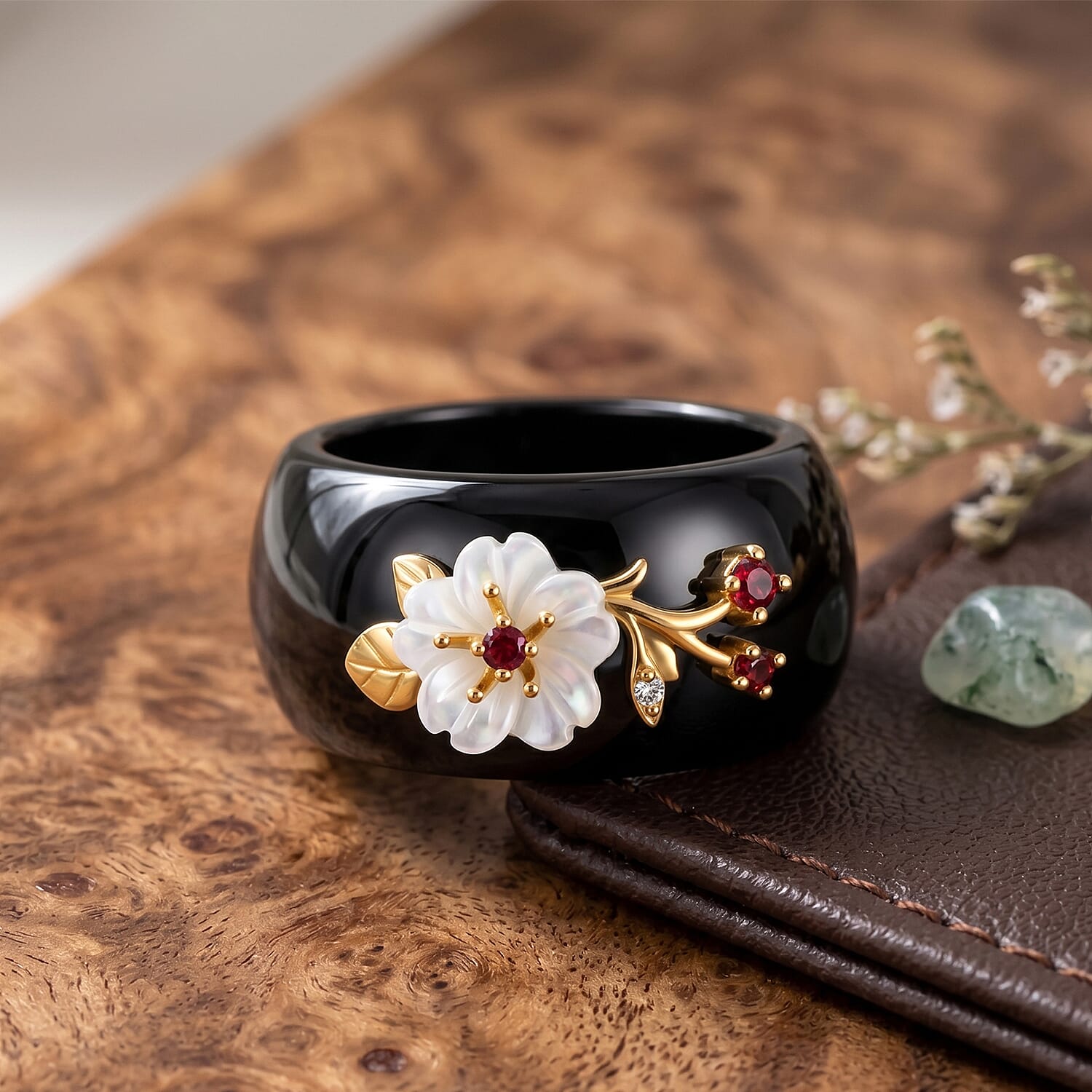 D'Joy - Dyed Black Jade, Red Garnet, Moissanite & White Mother Of Pearl Floral Vine Band Ring in Yellow Gold Plated Sterling Silver 30.90 Ct.
