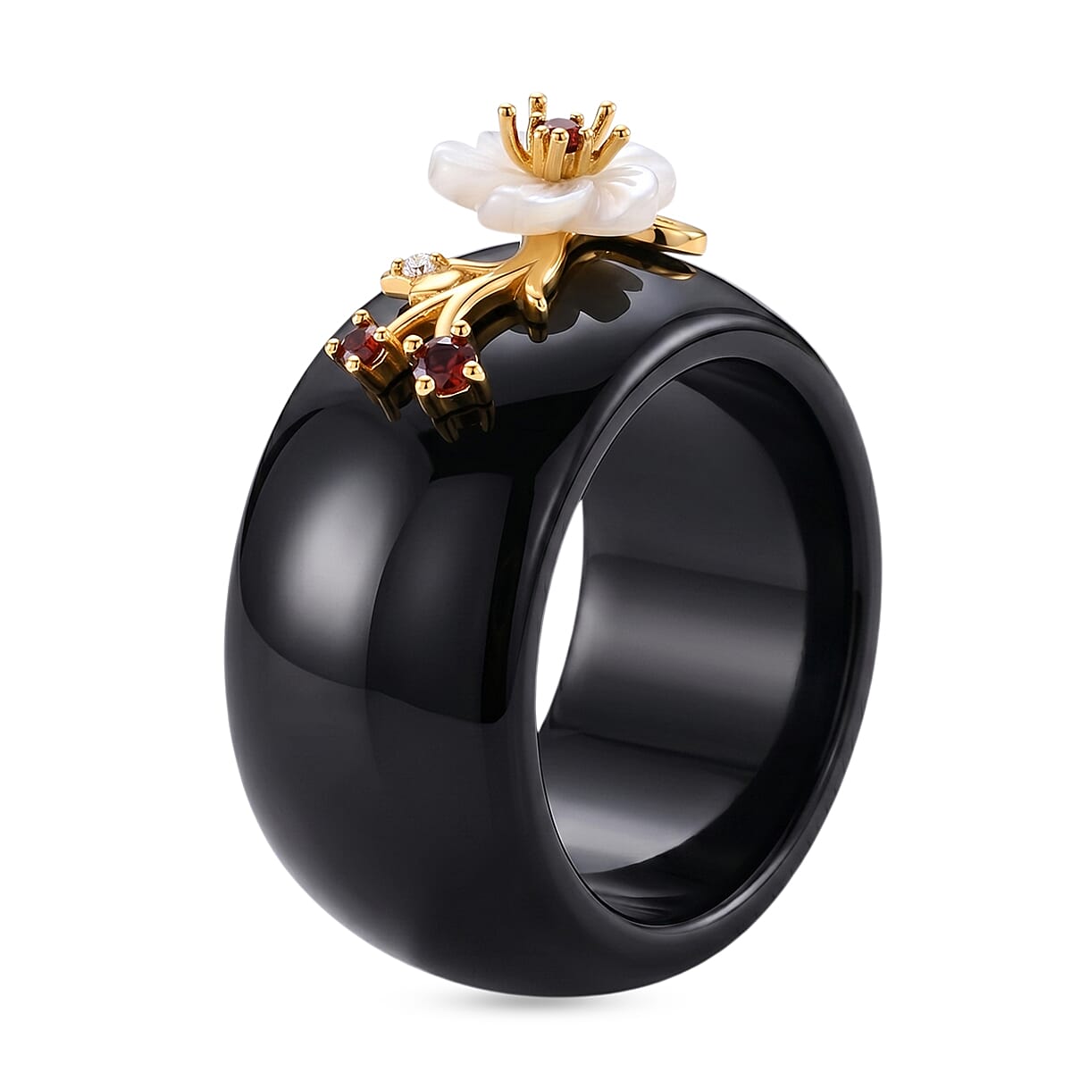 D'Joy - Dyed Black Jade, Red Garnet, Moissanite & White Mother Of Pearl Floral Vine Band Ring in Yellow Gold Plated Sterling Silver 30.90 Ct.
