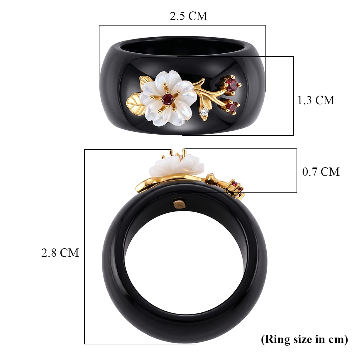 D'Joy - Dyed Black Jade, Red Garnet, Moissanite & White Mother Of Pearl Floral Vine Band Ring in Yellow Gold Plated Sterling Silver 30.90 Ct.