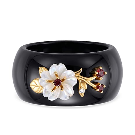 D'Joy - Dyed Black Jade & Multi-Gemstone Floral Band Ring in Yellow Gold Plated Sterling Silver 30.90 Ct.