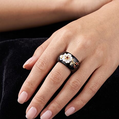 D'Joy - Dyed Black Jade & Multi-Gemstone Floral Band Ring in Yellow Gold Plated Sterling Silver 30.90 Ct.