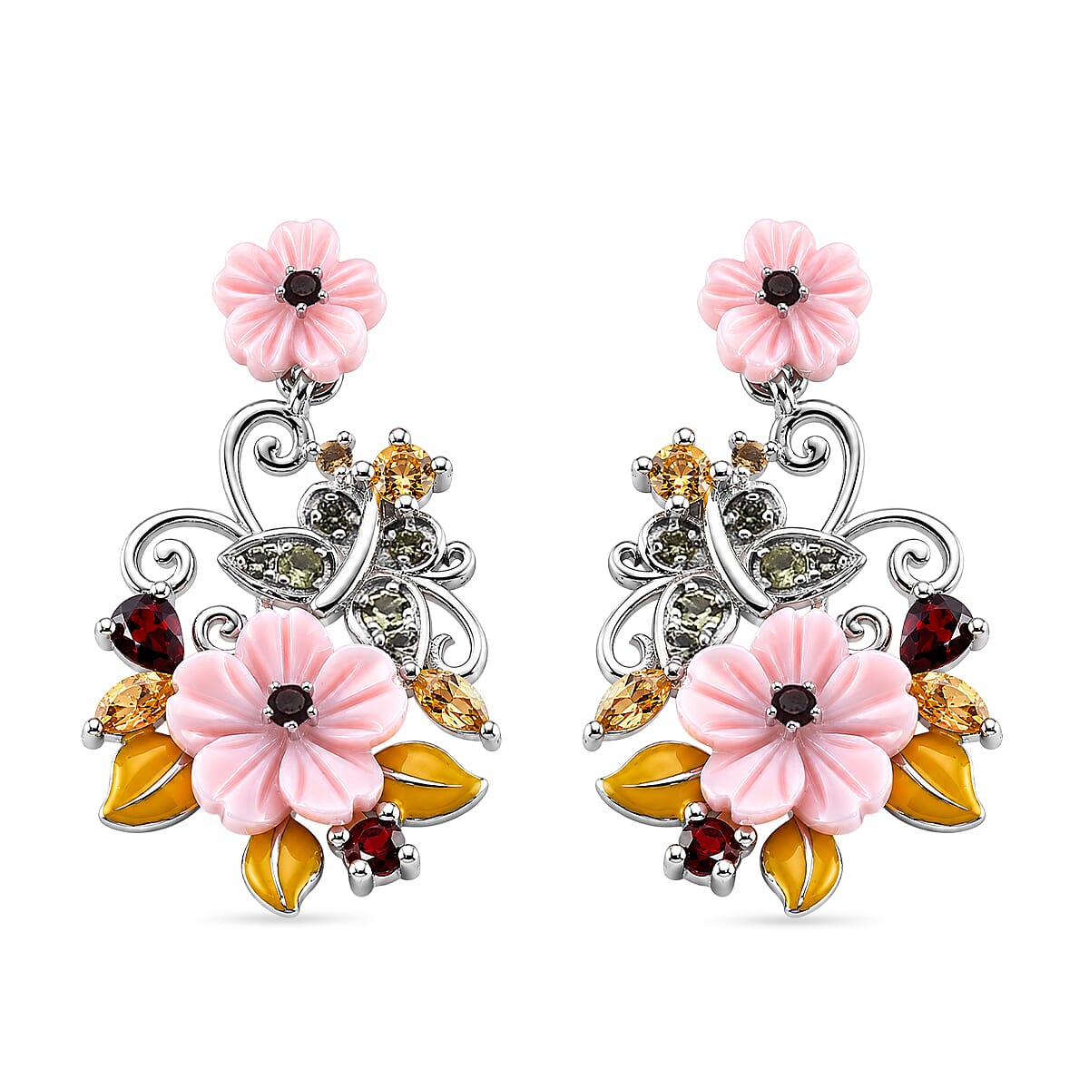 D'Joy - Red Garnet, Citrine, Peridot & Pink Mother Of Pearl Floral Vine Earring with Push Back in Rhodium Overlay Sterling Silver 6.00 Ct.