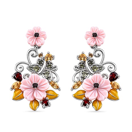 D'Joy - Red Garnet, Citrine, Peridot & Pink Mother Of Pearl Floral Vine Earring with Push Back in Rhodium Overlay Sterling Silver 6.00 Ct.