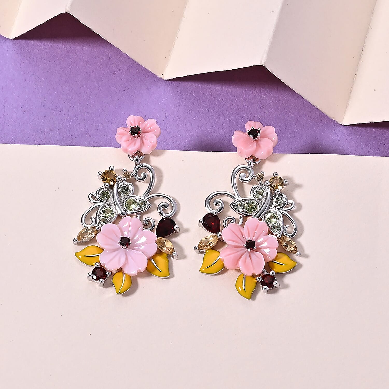 D'Joy - Red Garnet, Citrine, Peridot & Pink Mother Of Pearl Floral Vine Earring with Push Back in Rhodium Overlay Sterling Silver 6.00 Ct.