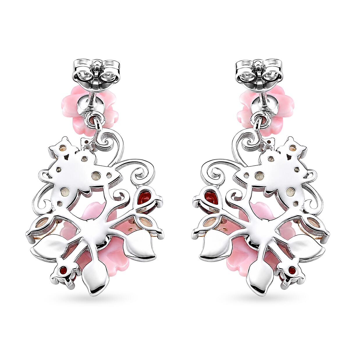 D'Joy - Red Garnet, Citrine, Peridot & Pink Mother Of Pearl Floral Vine Earring with Push Back in Rhodium Overlay Sterling Silver 6.00 Ct.