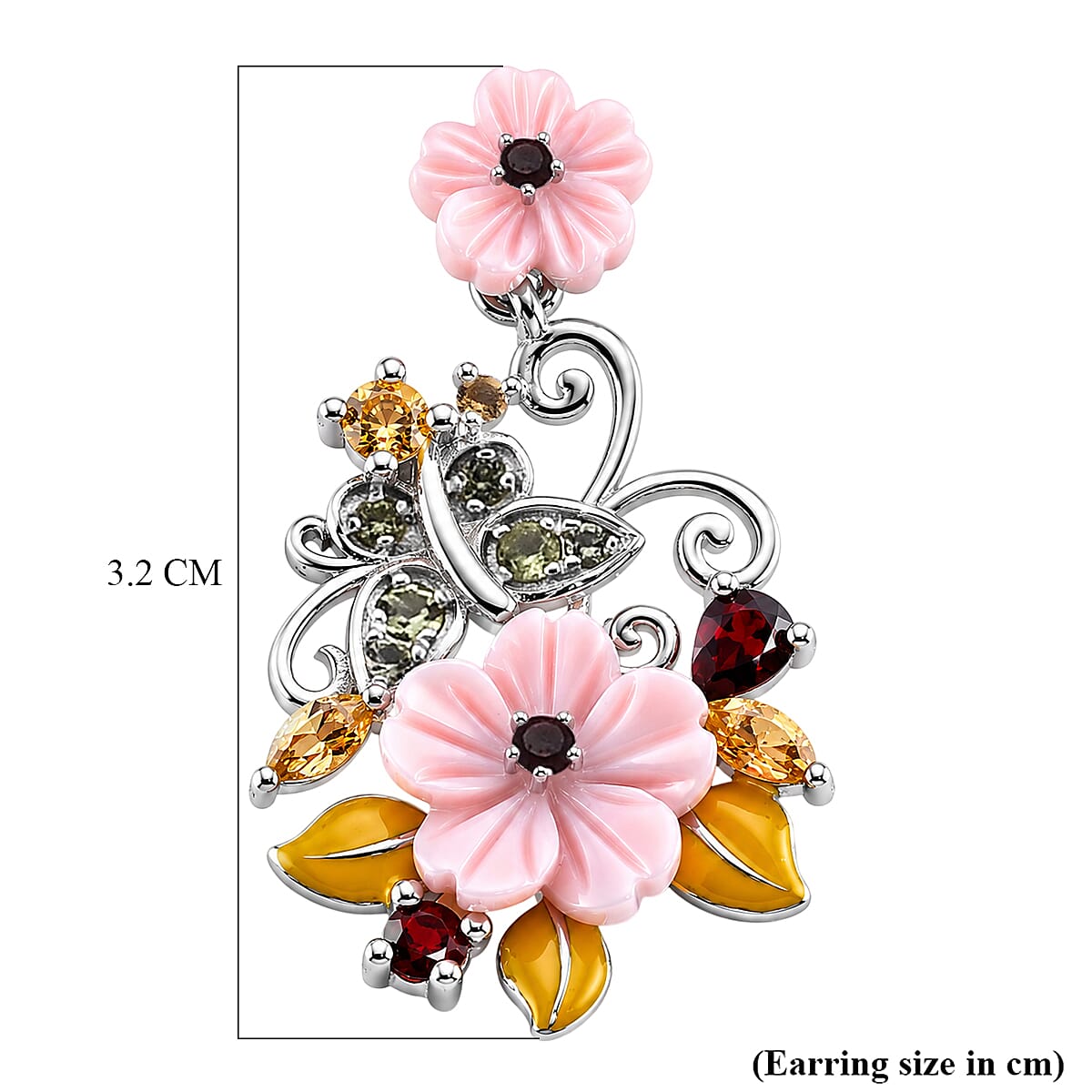 D'Joy - Red Garnet, Citrine, Peridot & Pink Mother Of Pearl Floral Vine Earring with Push Back in Rhodium Overlay Sterling Silver 6.00 Ct.