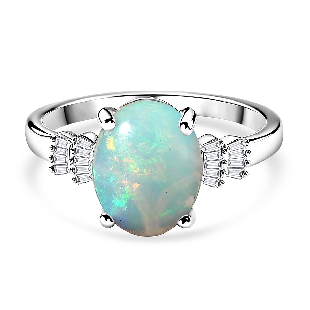 D'Joy - Ethiopian Opal & Natural White Diamond Ring in Rhodium Overlay Sterling Silver 1.93 Ct.