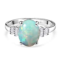 D'Joy - Ethiopian Opal & Natural White Diamond Ring in Rhodium Overlay Sterling Silver 1.93 Ct.