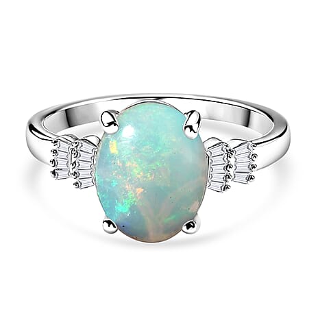 D'Joy - Ethiopian Opal & Natural White Diamond Ring in Rhodium Overlay Sterling Silver 1.93 Ct.