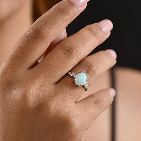 D'Joy - Ethiopian Opal & Natural White Diamond Ring in Rhodium Overlay Sterling Silver 1.93 Ct.