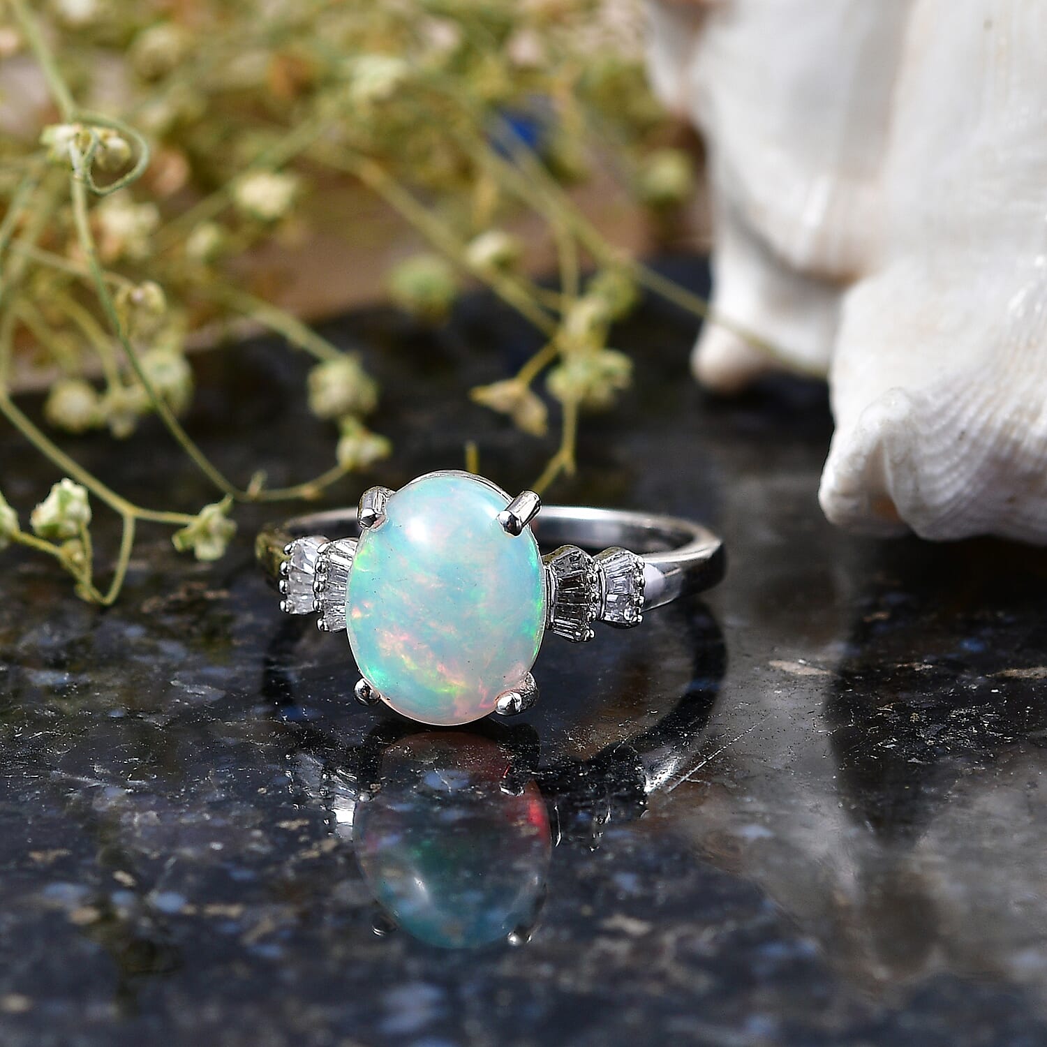 D'Joy - Ethiopian Opal & Natural White Diamond Ring in Rhodium Overlay Sterling Silver 1.93 Ct.