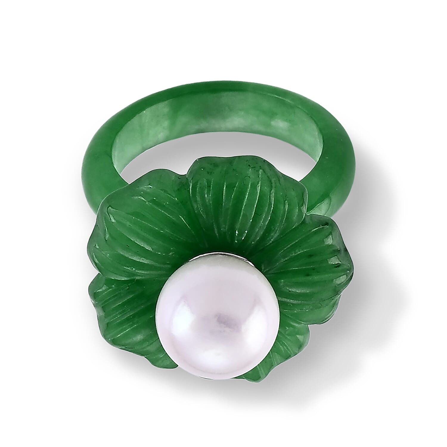 D'Joy - White Edison Pearl (10-11mm) & Dyed Green Jade Blooming Flower Ring in Rhodium Overlay Sterling Silver 39.90 Ct.